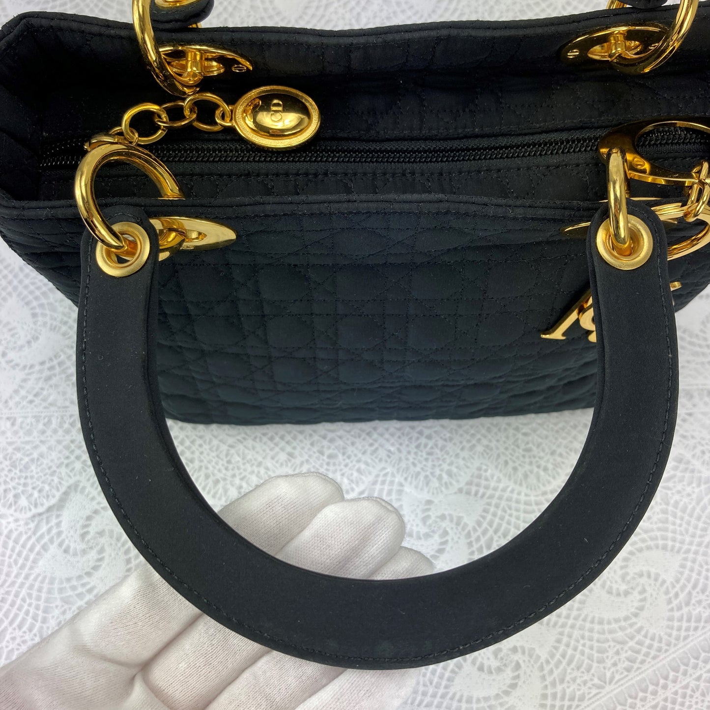 100 % Authentic Christian Dior Lady Dior Cannage nylon handbag (USED) 456-55