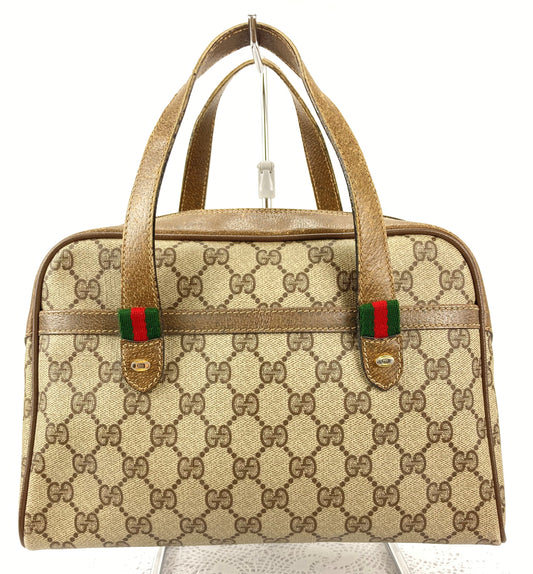 100 % Authentic Gucci GG Pattern PVC CANVAS SHERRY WebBing Handbag (USED 422-55
