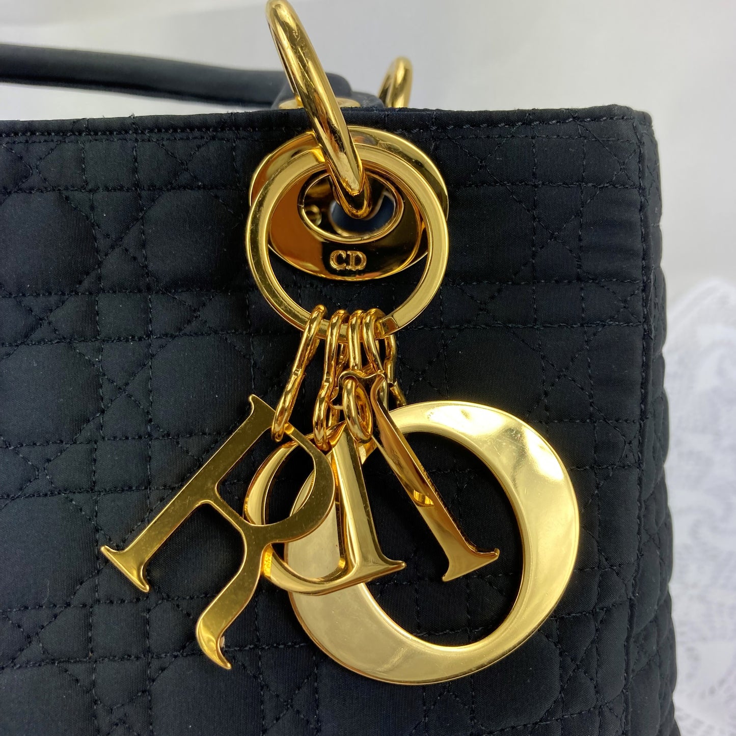 100 % Authentic Christian Dior Lady Dior Cannage nylon handbag (USED) 456-55
