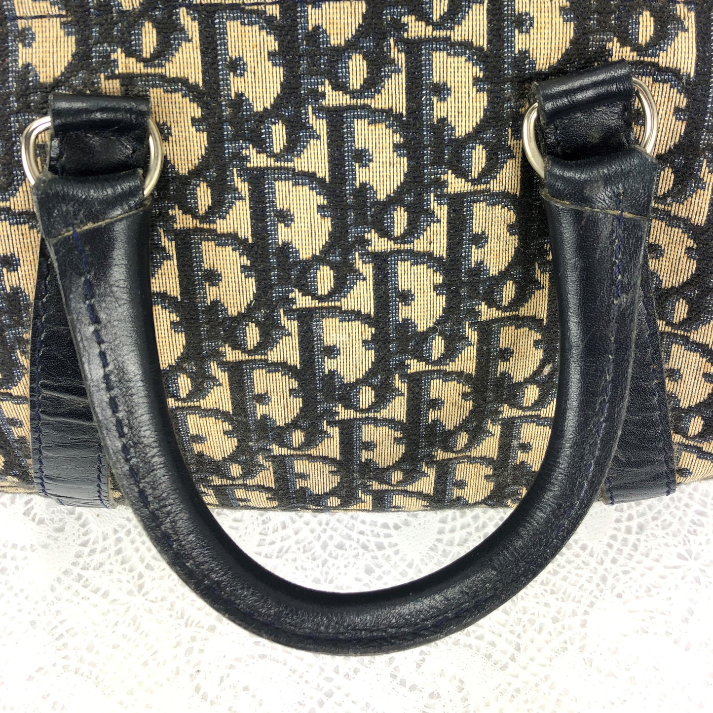100 % Authentic Christian Dior Trotter Vintage Leather & Canvas Boston Handbag(used) 464-66