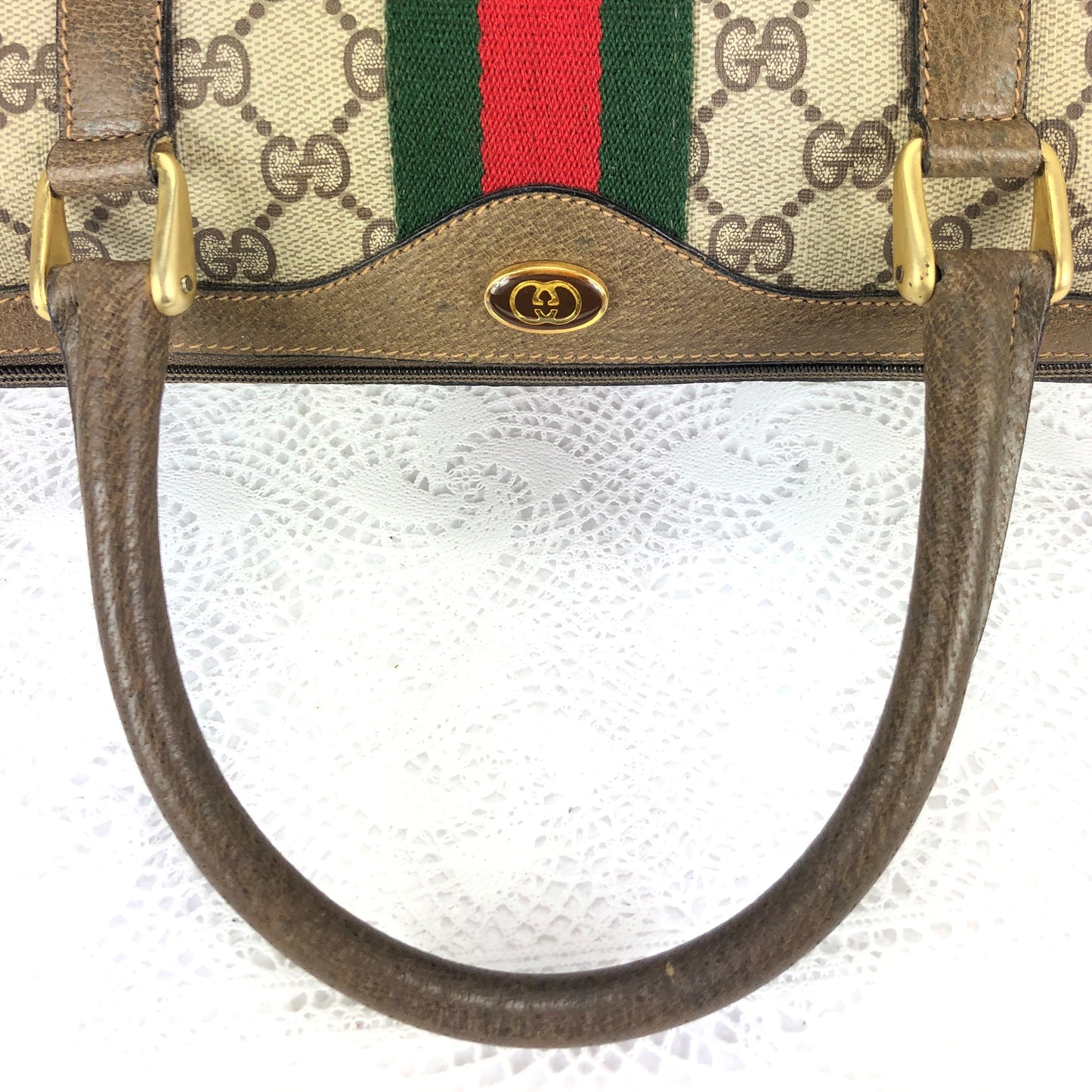 100 % Authentic Gucci Sherry Line Hand Boston Bag GG PVC Leather(USED) 500-77